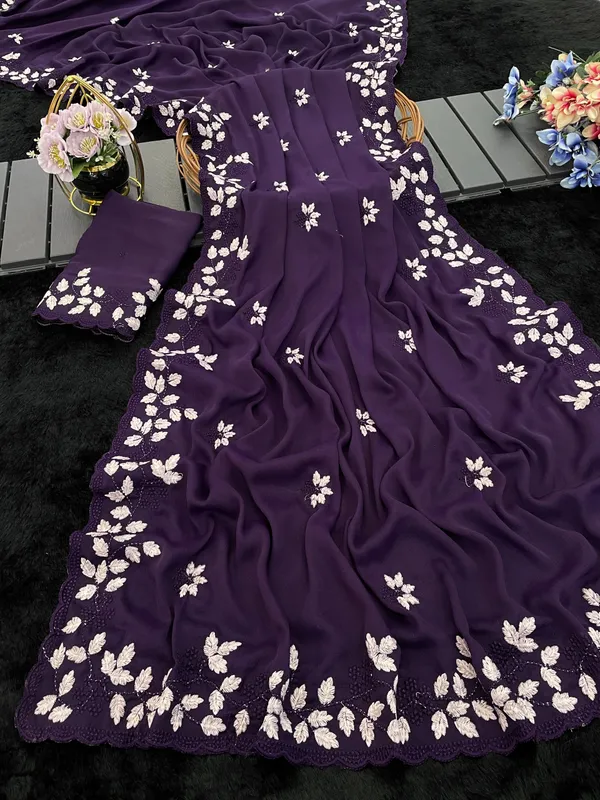 Purple_Georgette_Floral_Embroidered_Saree_For_Women