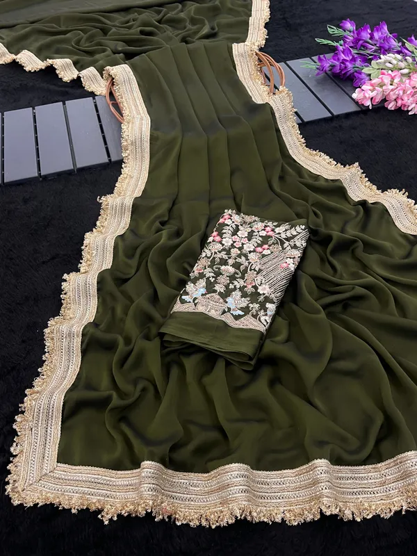 Olive_Green_Embroidered_Saree_For_Women