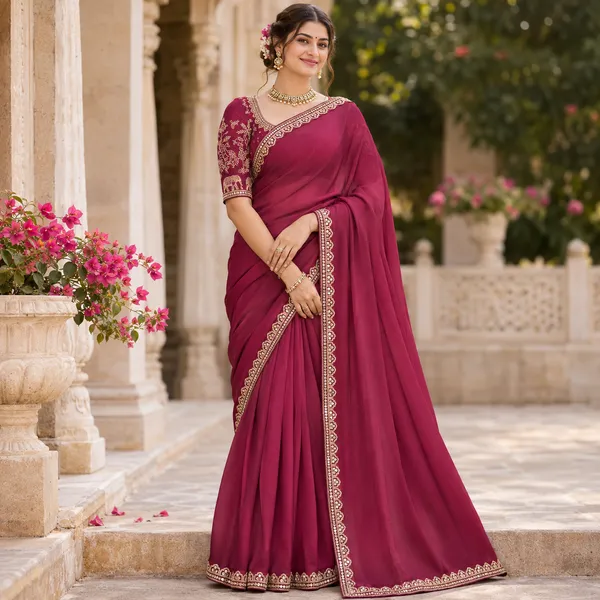 Wine_Embellished_Saree_With_Blouse_Piece_For_Women
