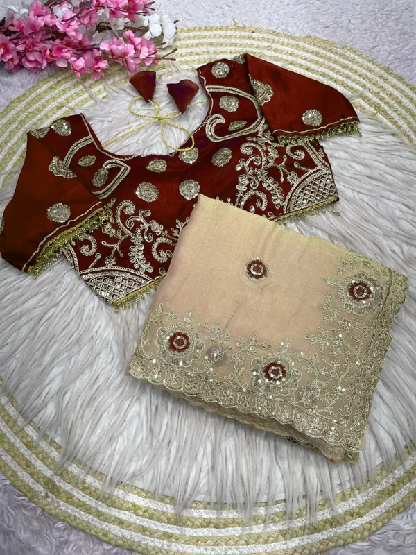 Cream_And_Maroon_Embroidered_Saree_For_Women