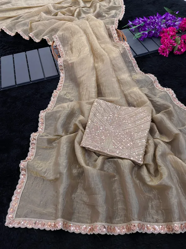 Champagne_Organza_Embellished_Saree_For_Women