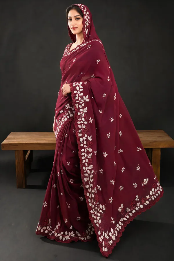 Maroon_Georgette_Embroidered_Saree_For_Women