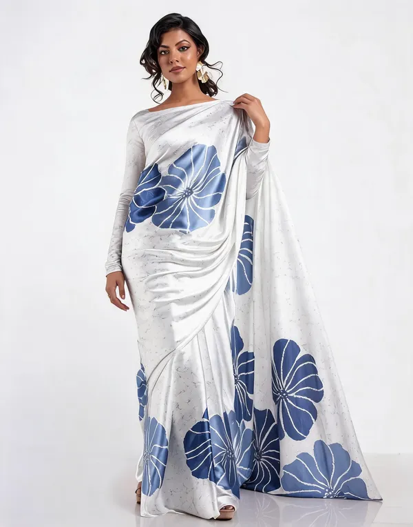 White_Floral_Print_Saree_For_Women