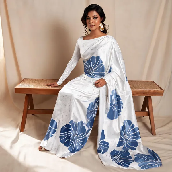 White_Floral_Print_Saree_For_Women