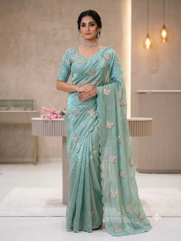 Aqua_Organza_Embroidered_Saree_For_Women