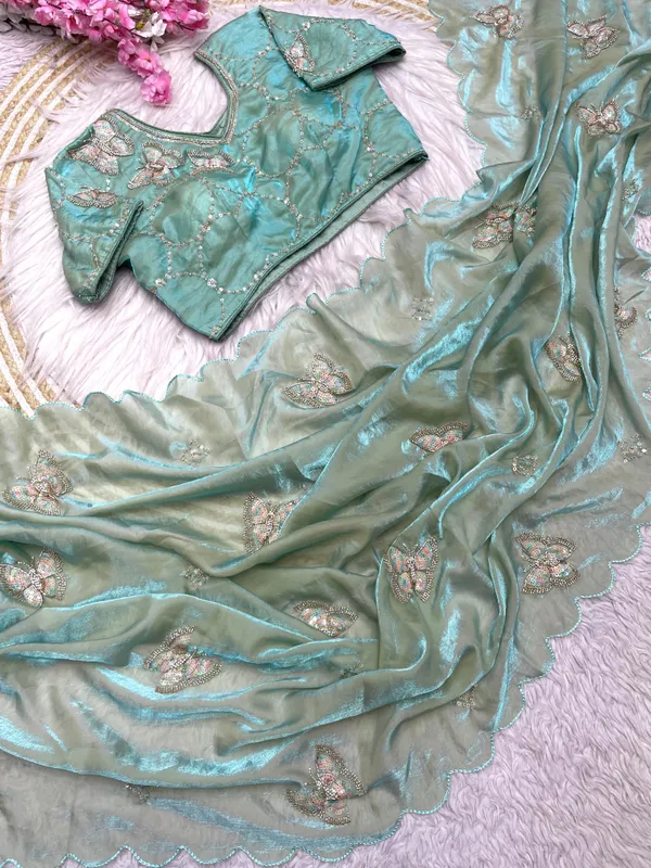 Aqua_Organza_Embroidered_Saree_For_Women