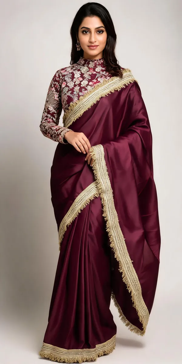 Maroon_Satin_Lace_Border_Saree_For_Women