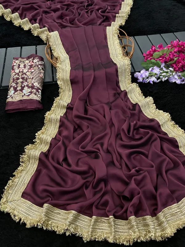 Maroon_Satin_Lace_Border_Saree_For_Women