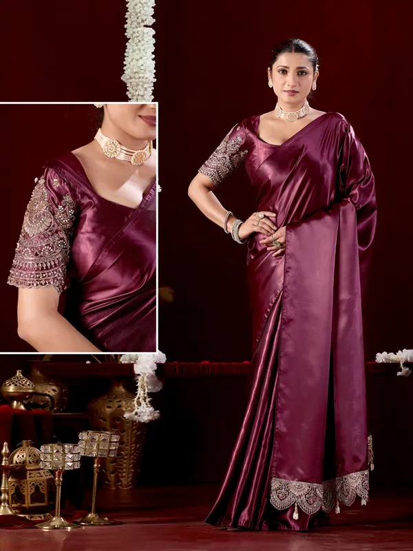 Maroon_Satin_Embroidered_Saree_For_Women