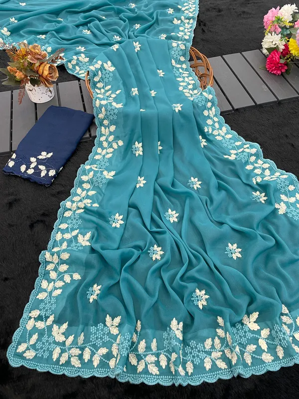 Teal_Floral_Embroidered_Saree_For_Women