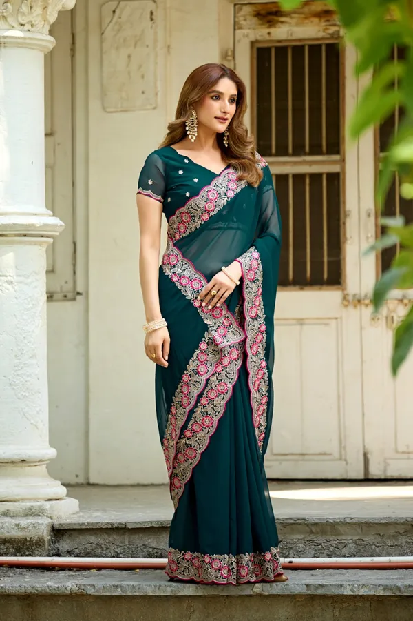 Teal_Embroidered_Saree_For_Women