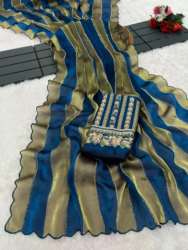 Blue_Gold_Striped_Saree_For_Women