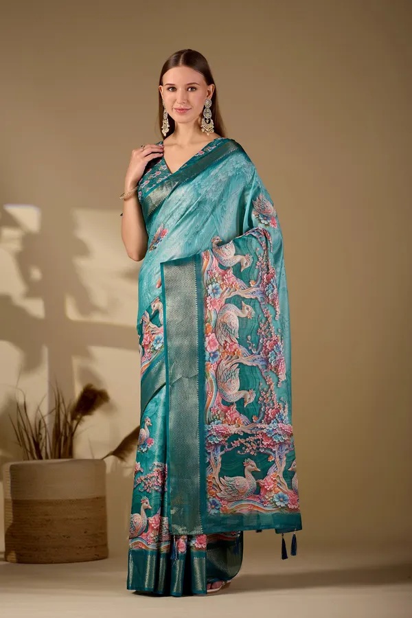 Teal_Silk_Blend_Printed_Saree_For_Women