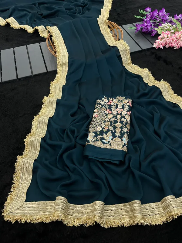 Teal_Embellished_Ethnic_Saree_Set_For_Women