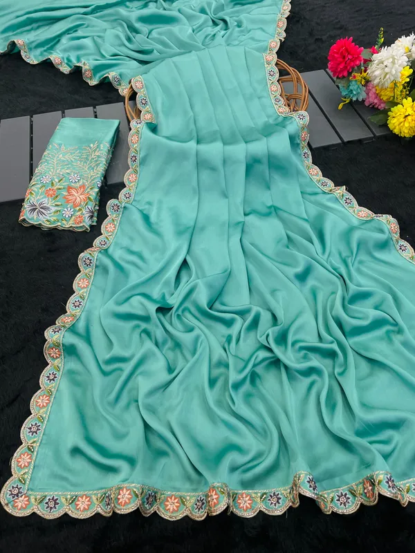 Turquoise_Embroidered_Saree_For_Women