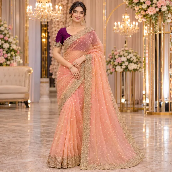 Peach_Net_Embroidered_Saree_With_Blouse_Piece_For_Women