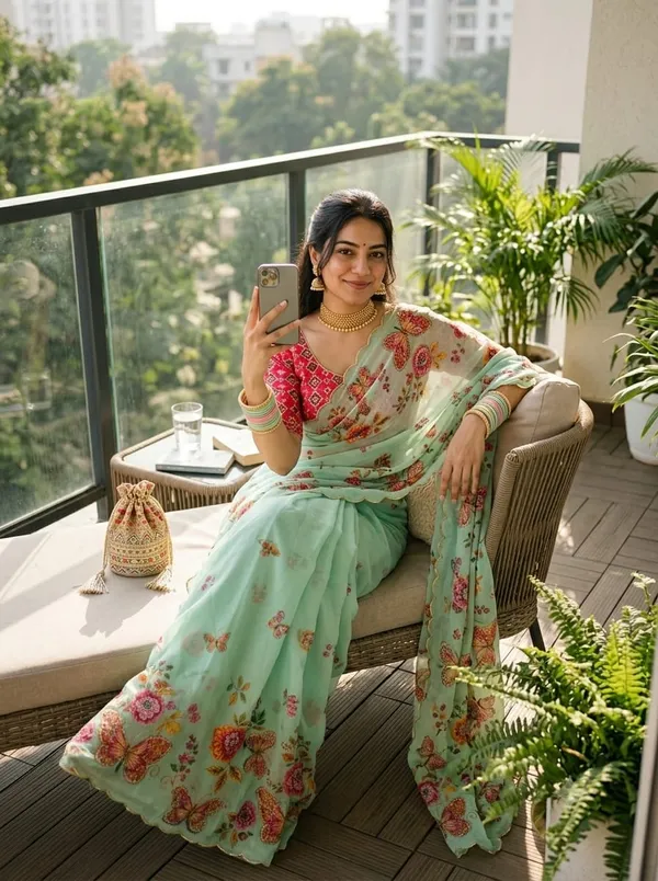 Mint_Green_Floral_Print_Saree_For_Women