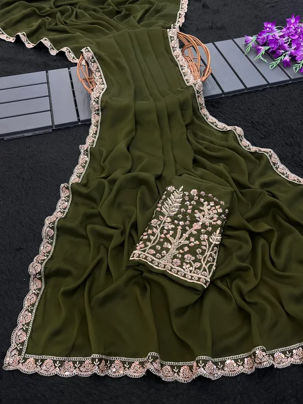Olive_Green_Georgette_Embroidered_Saree_For_Women