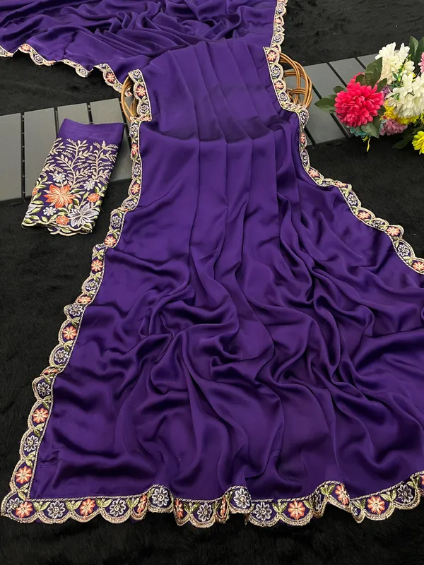 Purple_Satin_Embroidered_Border_Saree_For_Women