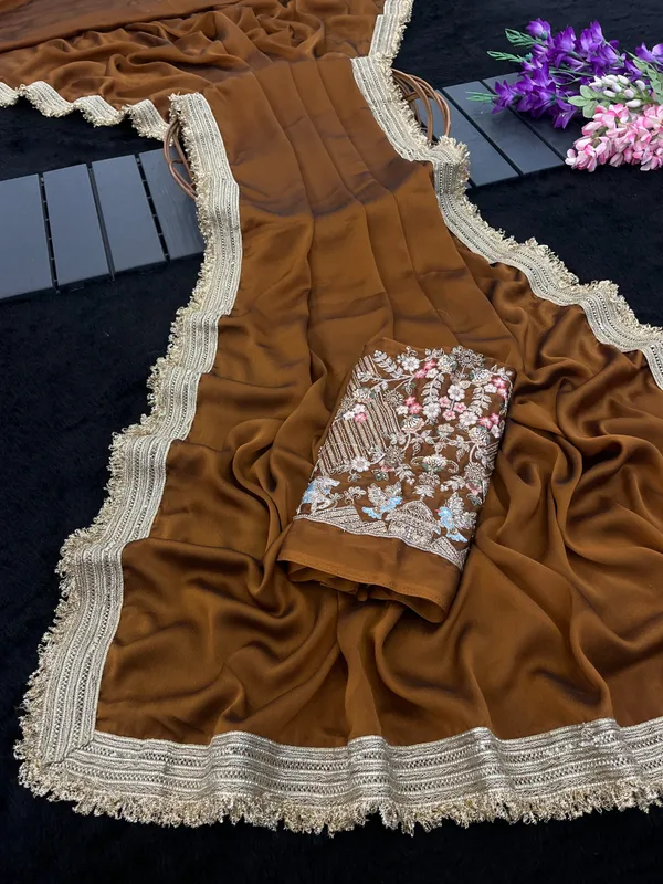 Brown_Embroidered_Saree_Set_For_Women