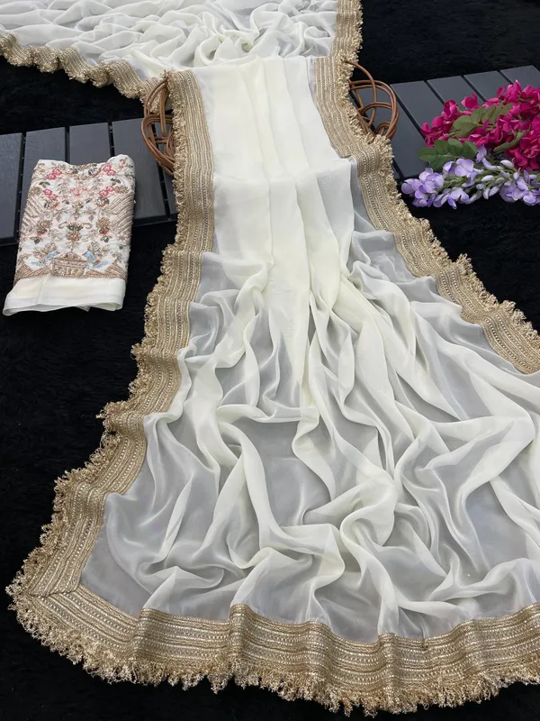 White_Georgette_Lace_Border_Saree_For_Women