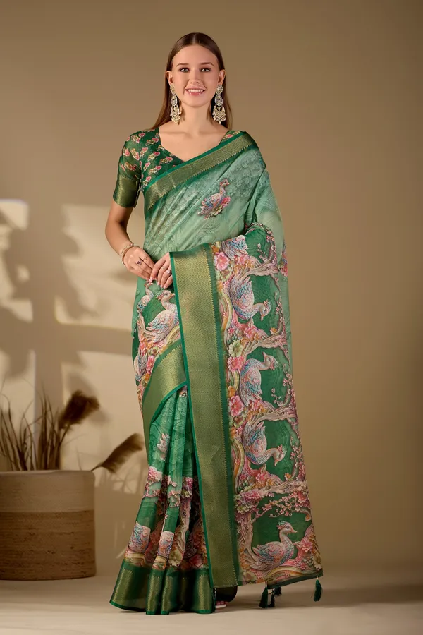 Green_Floral_Peacock_Print_Saree_For_Women