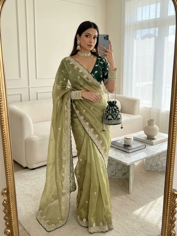Olive_Green_Embroidered_Saree_For_Women