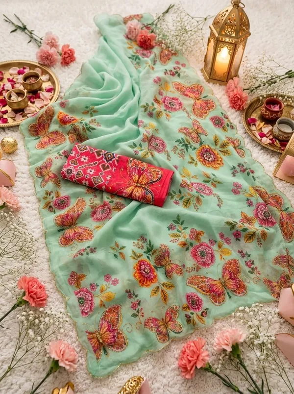 Mint_Green_Floral_Print_Saree_For_Women