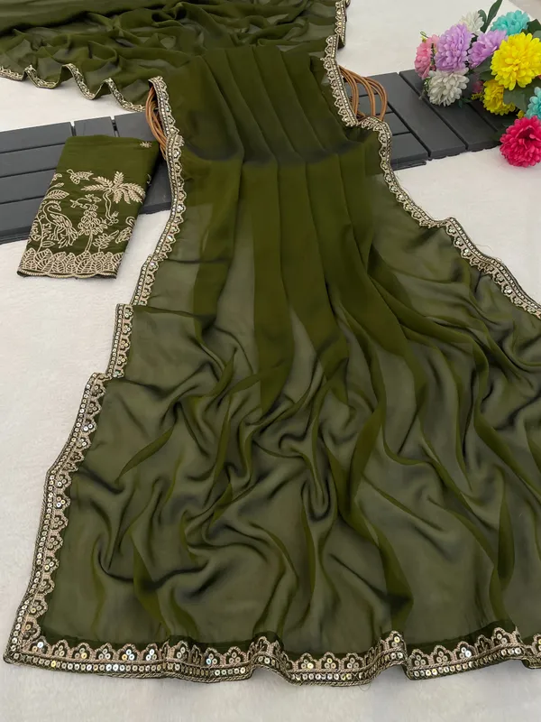 Olive_Green_Chiffon_Lace_Border_Saree_For_Women