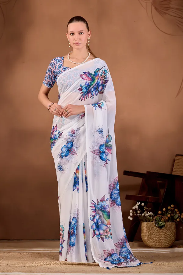 White_Chiffon_Floral_Printed_Saree_For_Women