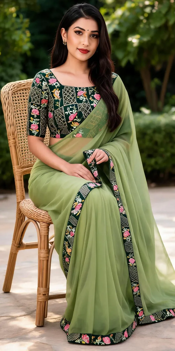 Green_Chiffon_Floral_Border_Saree_For_Women