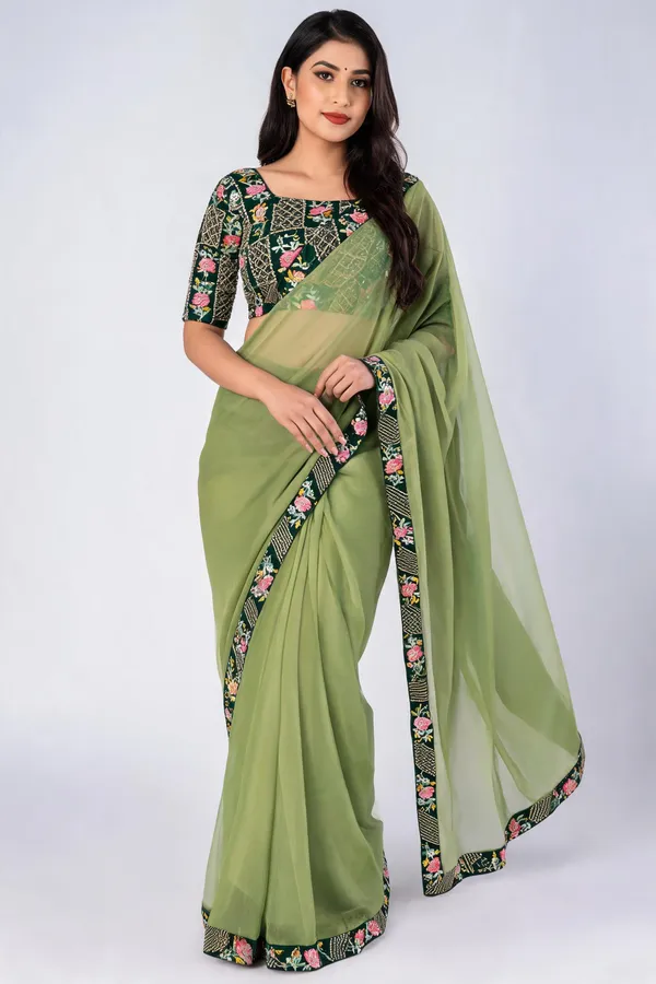 Green_Chiffon_Floral_Border_Saree_For_Women