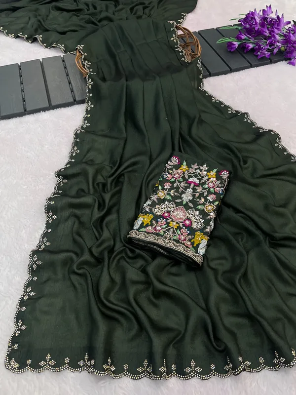 Dark_Green_Embroidered_Saree_For_Women