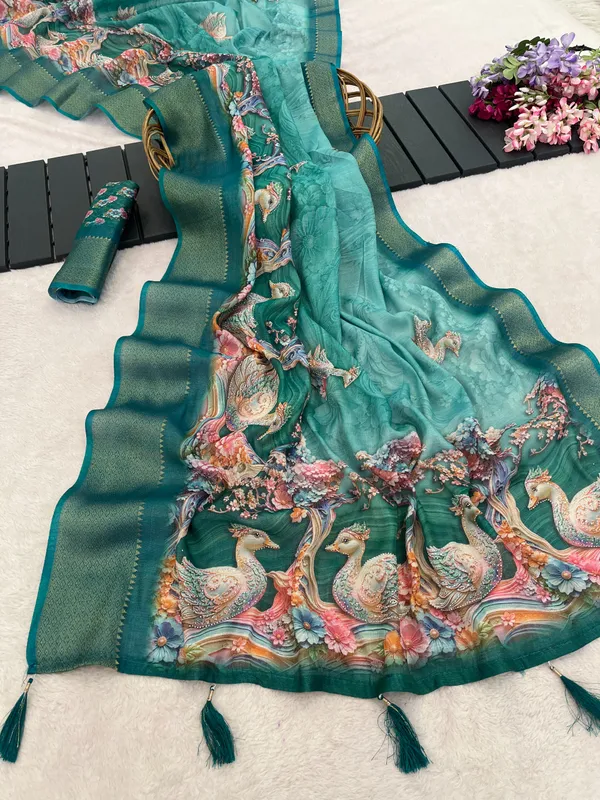 Teal_Silk_Blend_Printed_Saree_For_Women