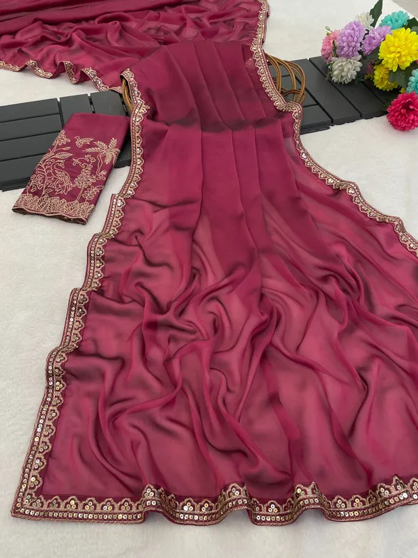Wine_Chiffon_Embroidered_Saree_For_Women