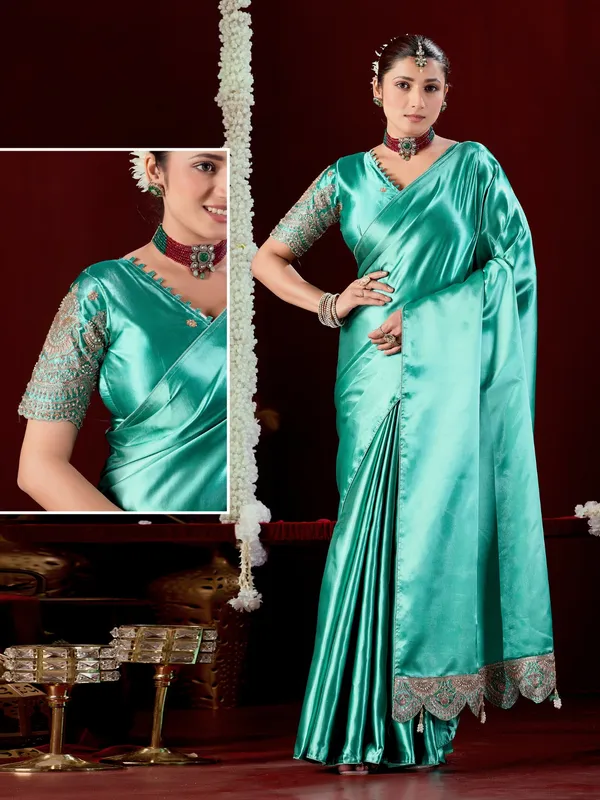 Teal_Satin_Embellished_Saree_For_Women
