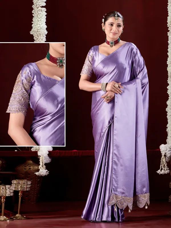 Lavender_Satin_Embellished_Saree_With_Blouse_For_Women