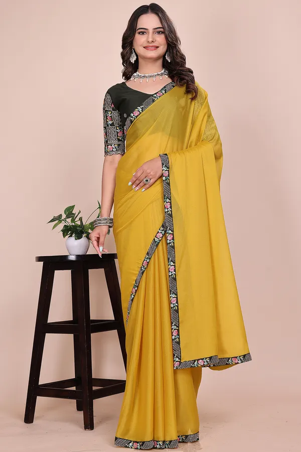 Yellow_Satin_Floral_Border_Saree_For_Women