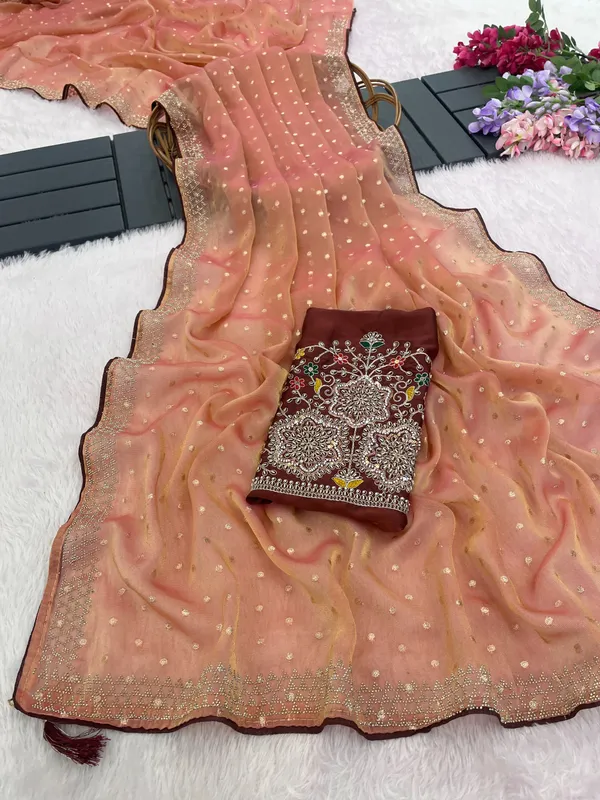 Peach_Georgette_Sequin_Saree_With_Blouse_For_Women