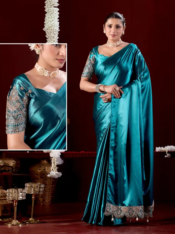 Teal_Satin_Embroidered_Saree_For_Women