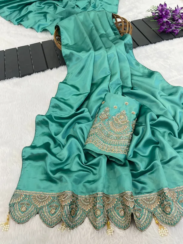Teal_Satin_Embellished_Saree_For_Women