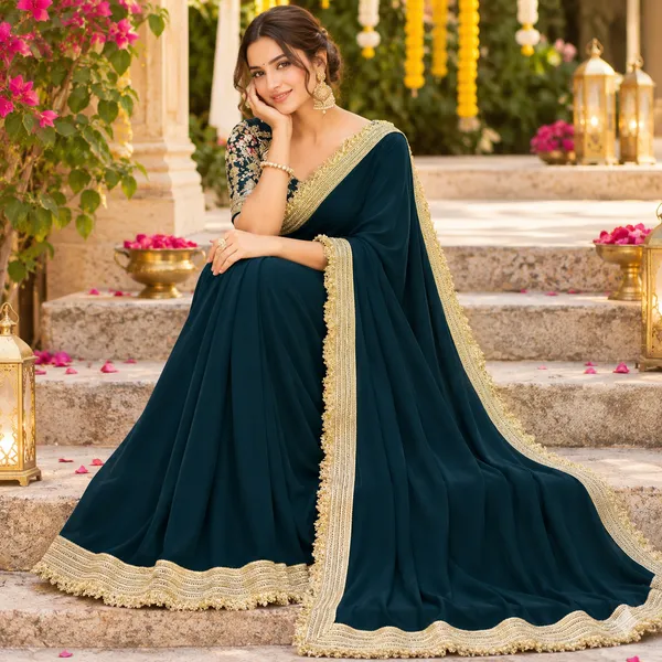 Teal_Embellished_Ethnic_Saree_Set_For_Women