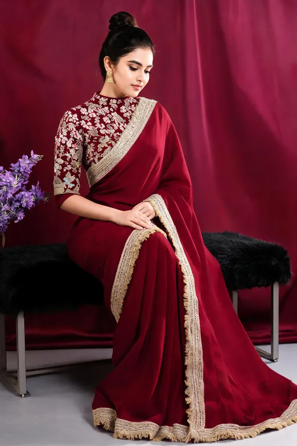 Maroon_Embroidered_Saree_With_Blouse_Piece_For_Women