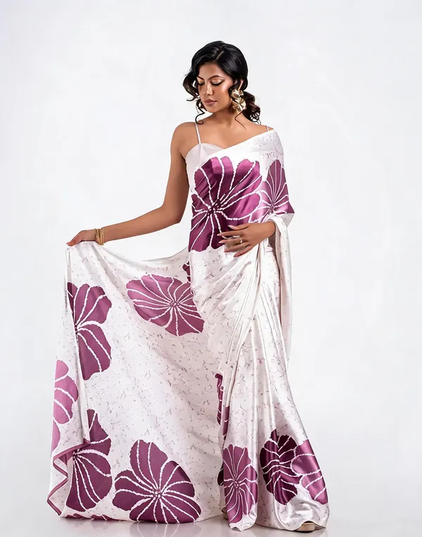 White_Floral_Print_Saree_For_Women