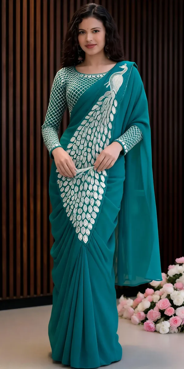Teal_Georgette_Embroidered_Saree_For_Women