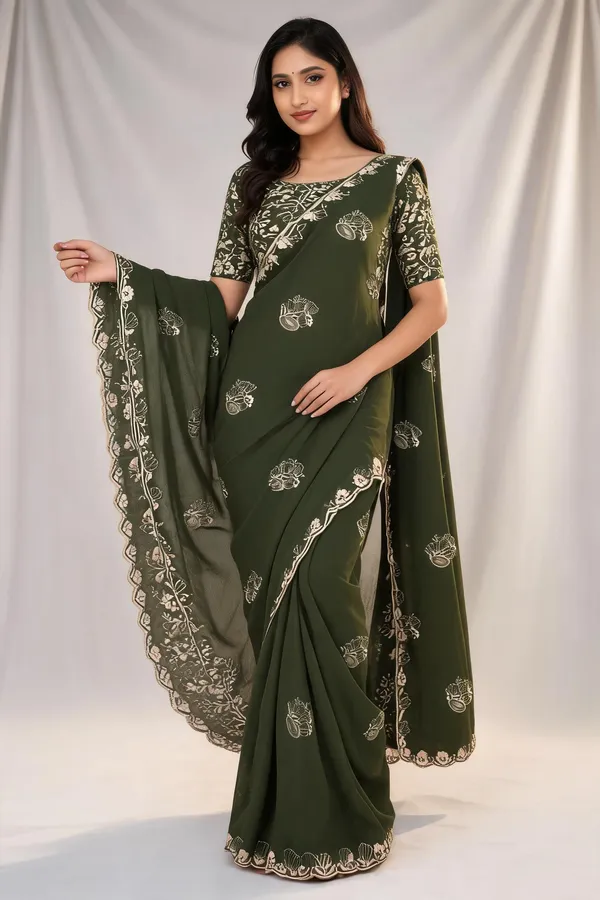 Olive_Embroidered_Saree_With_Blouse_Piece_For_Women