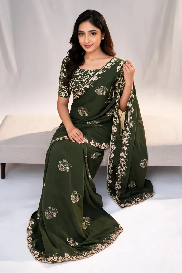 Olive_Embroidered_Saree_With_Blouse_Piece_For_Women