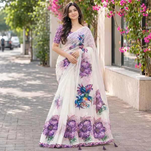 White_Chiffon_Floral_Printed_Saree_For_Women