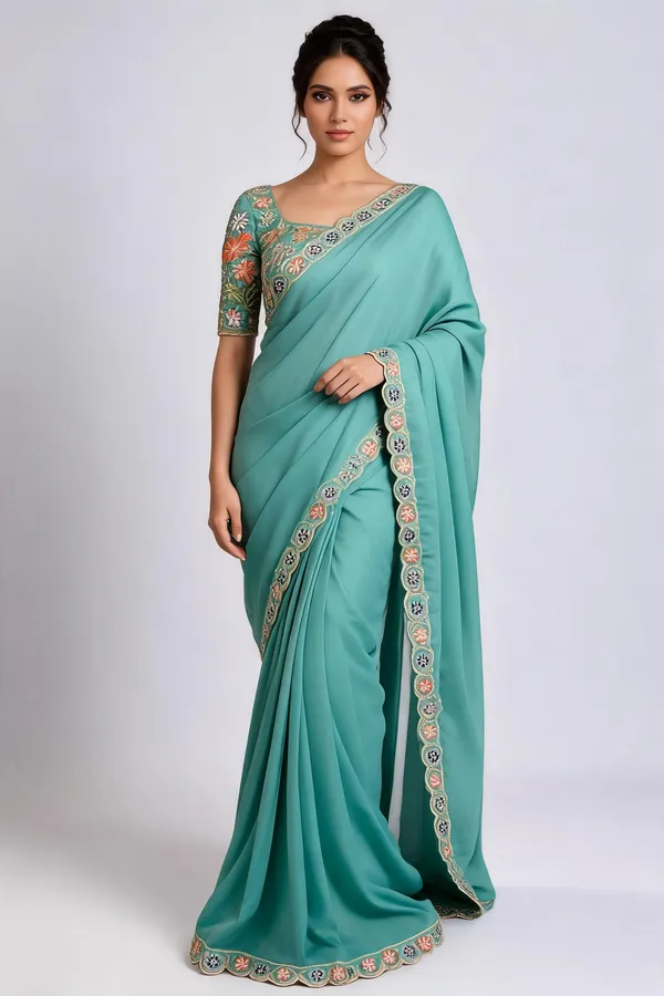 Turquoise_Embroidered_Saree_For_Women