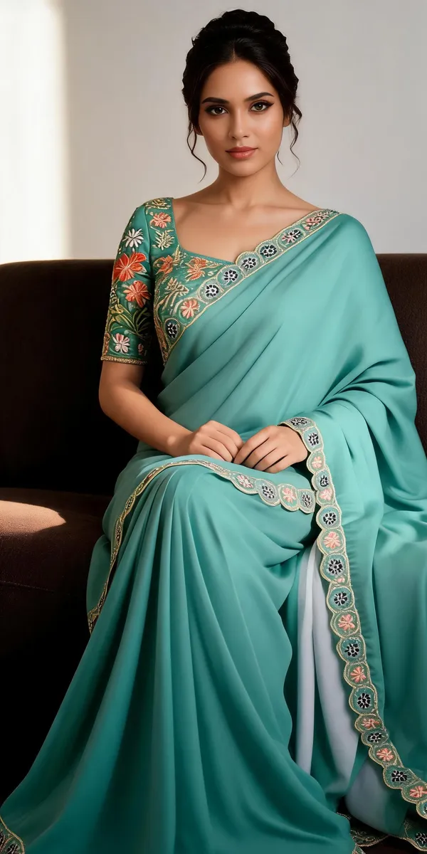 Turquoise_Embroidered_Saree_For_Women